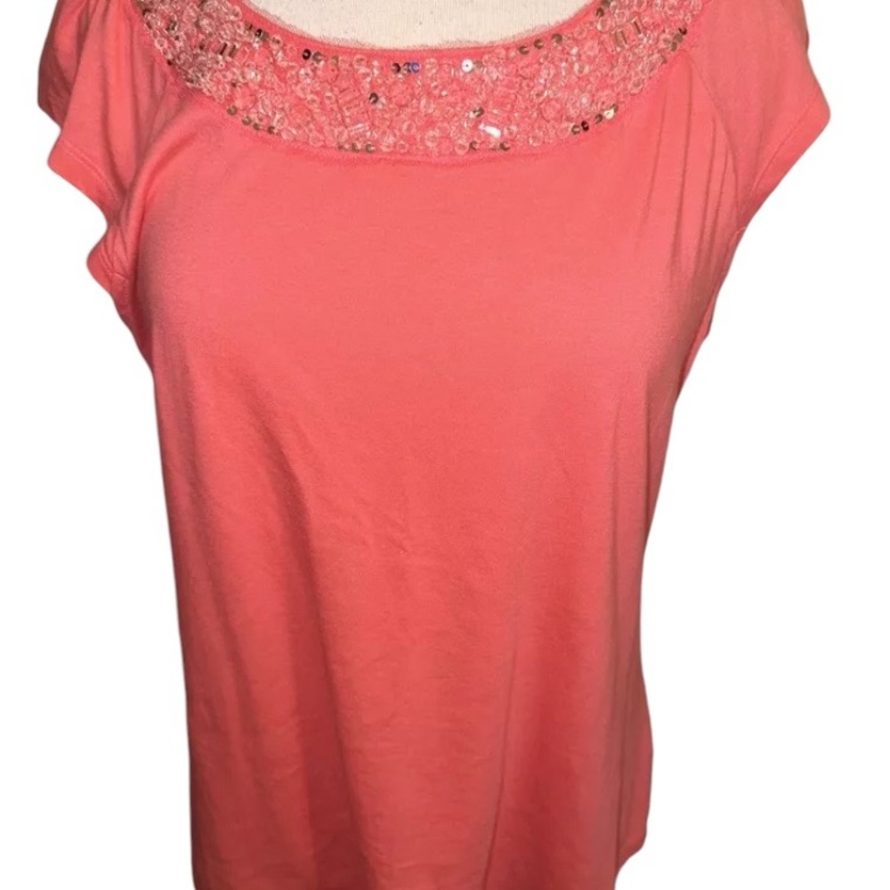 ❤️Jennifer Lopez EUC Coral w/ sequins clear on necklace zippered back, top